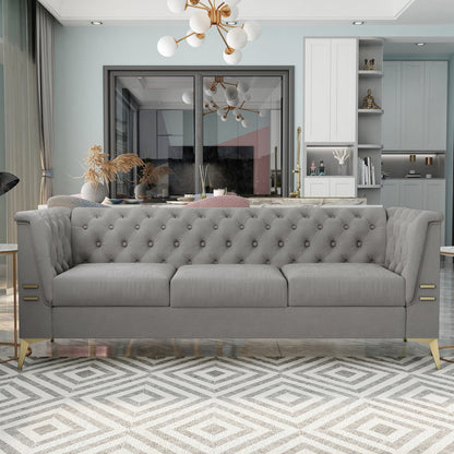 Divano a 3 posti imbottito in velluto, divano moderno per soggiorno con trapuntatura profonda e gambe in metallo, braccioli quadrati