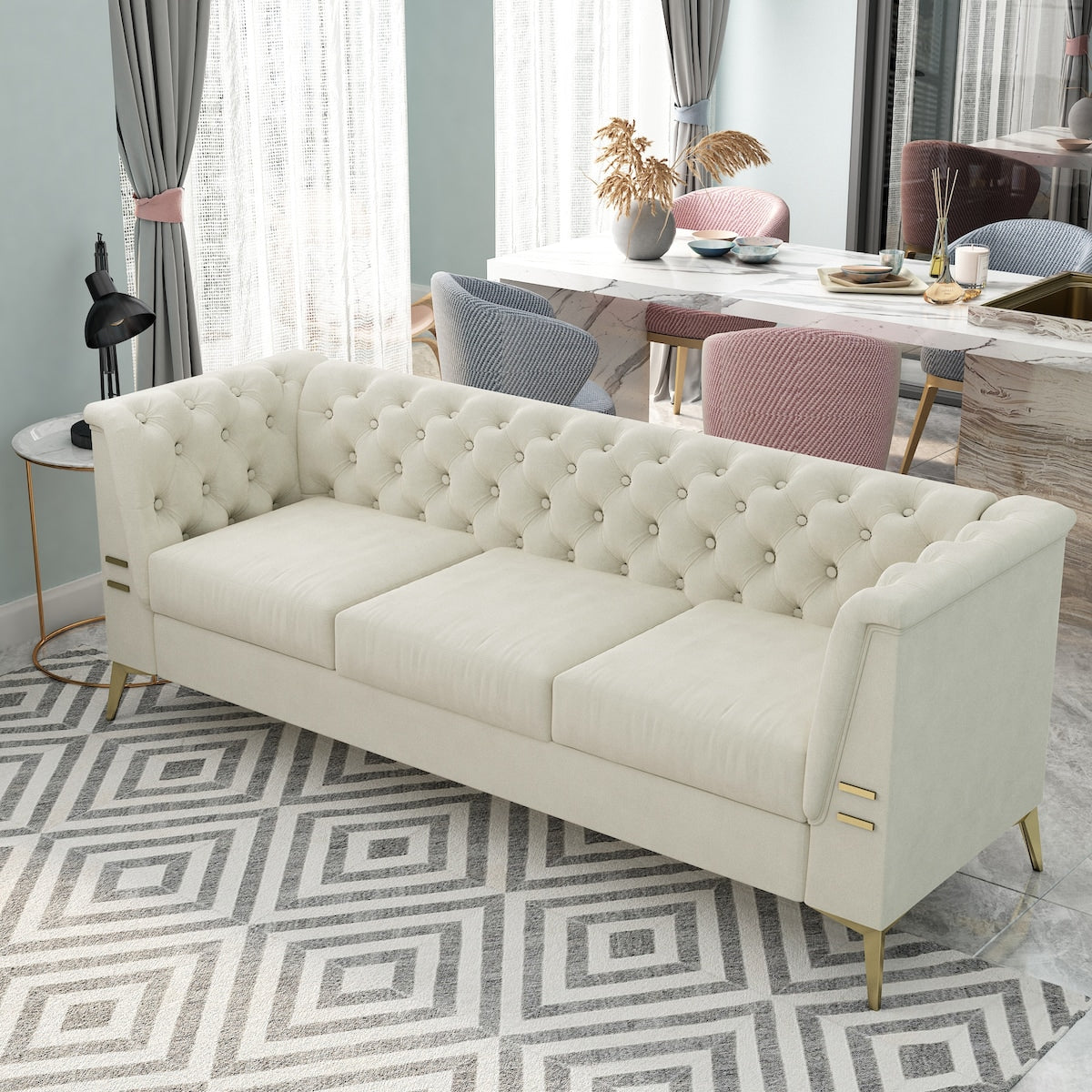 Divano a 3 posti imbottito in velluto, divano moderno per soggiorno con trapuntatura profonda e gambe in metallo, braccioli quadrati