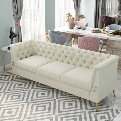 Divano a 3 posti imbottito in velluto, divano moderno per soggiorno con trapuntatura profonda e gambe in metallo, braccioli quadrati