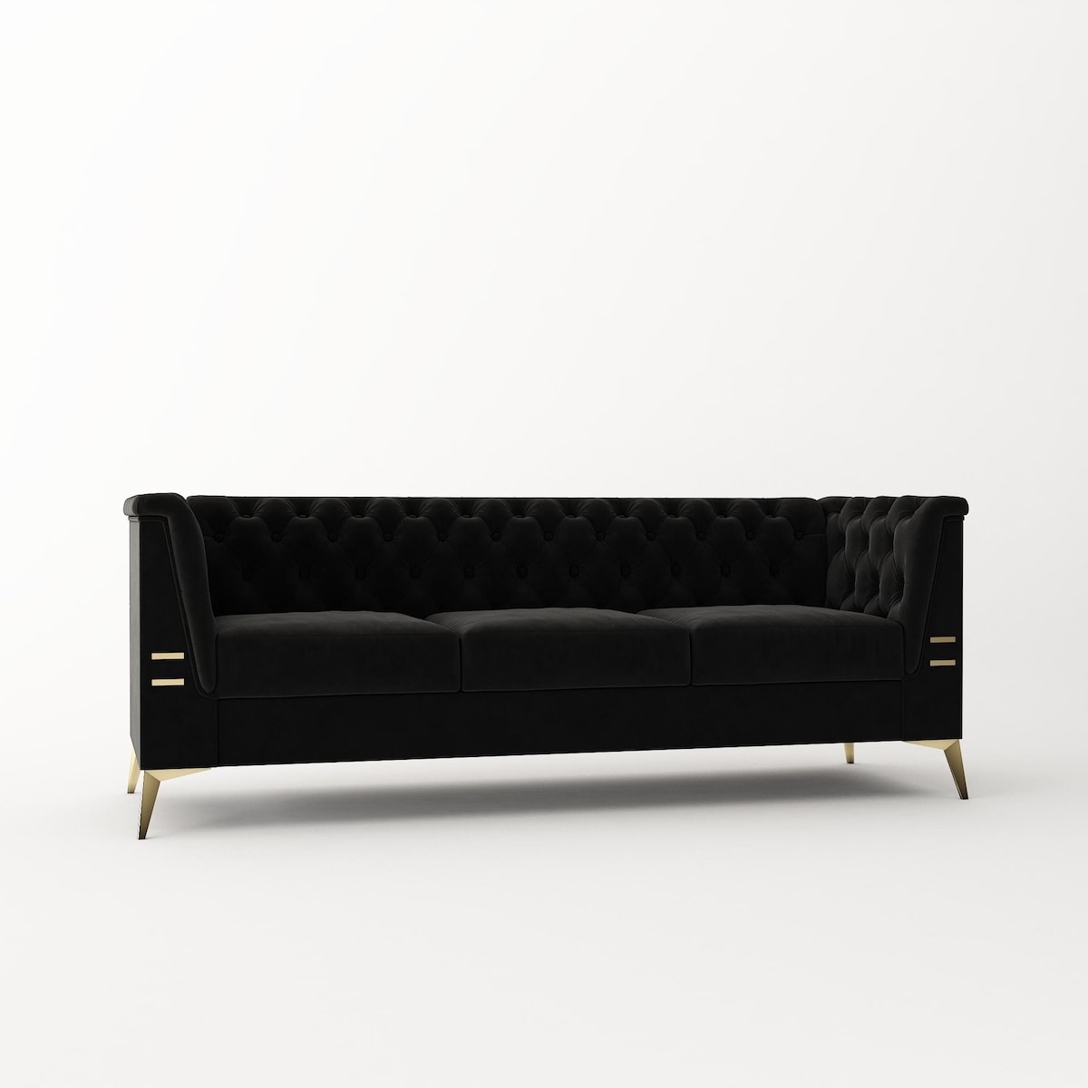 Divano a 3 posti imbottito in velluto, divano moderno per soggiorno con trapuntatura profonda e gambe in metallo, braccioli quadrati