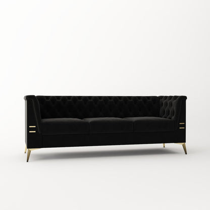 Divano a 3 posti imbottito in velluto, divano moderno per soggiorno con trapuntatura profonda e gambe in metallo, braccioli quadrati