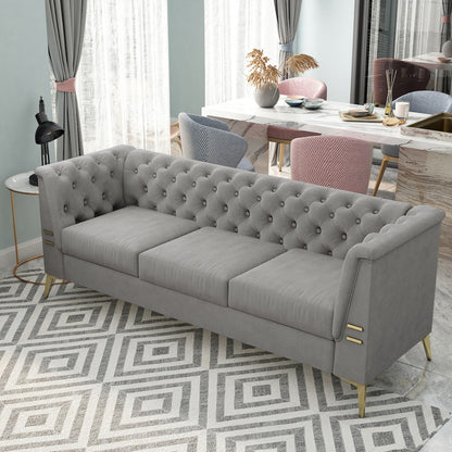 Divano a 3 posti imbottito in velluto, divano moderno per soggiorno con trapuntatura profonda e gambe in metallo, braccioli quadrati