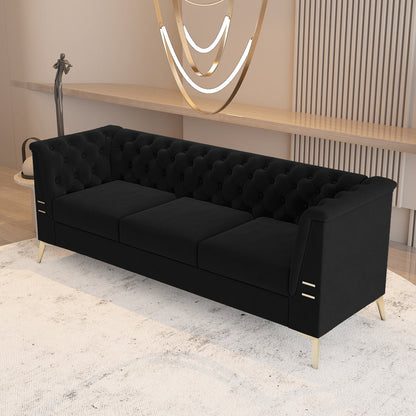 Divano a 3 posti imbottito in velluto, divano moderno per soggiorno con trapuntatura profonda e gambe in metallo, braccioli quadrati