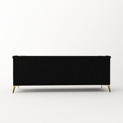 Divano a 3 posti imbottito in velluto, divano moderno per soggiorno con trapuntatura profonda e gambe in metallo, braccioli quadrati