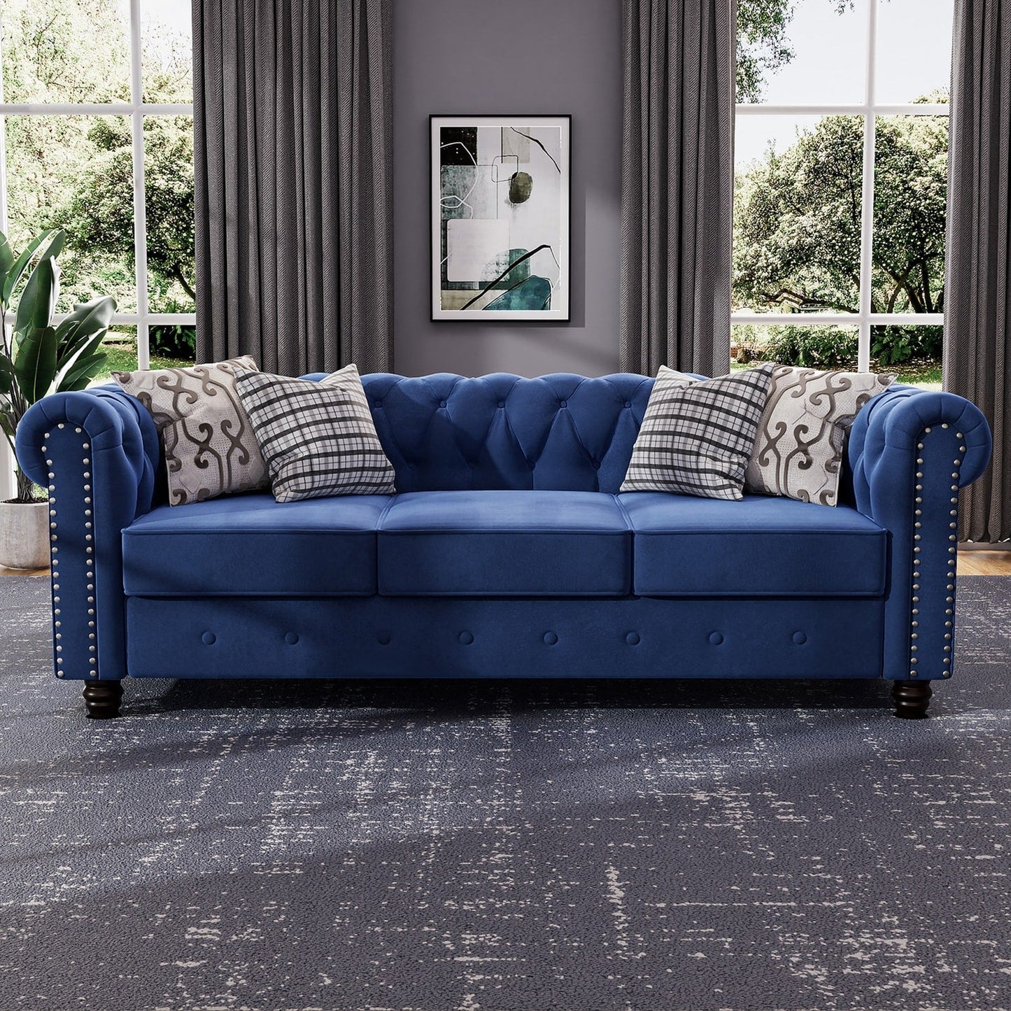 Divano Chesterfield imbottito in velluto Morden Fort con borchie e gambe solide per soggiorno