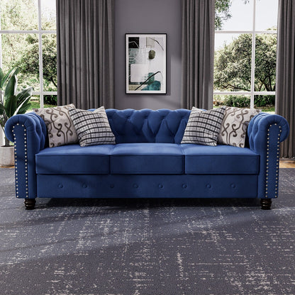 Divano Chesterfield imbottito in velluto Morden Fort con borchie e gambe solide per soggiorno