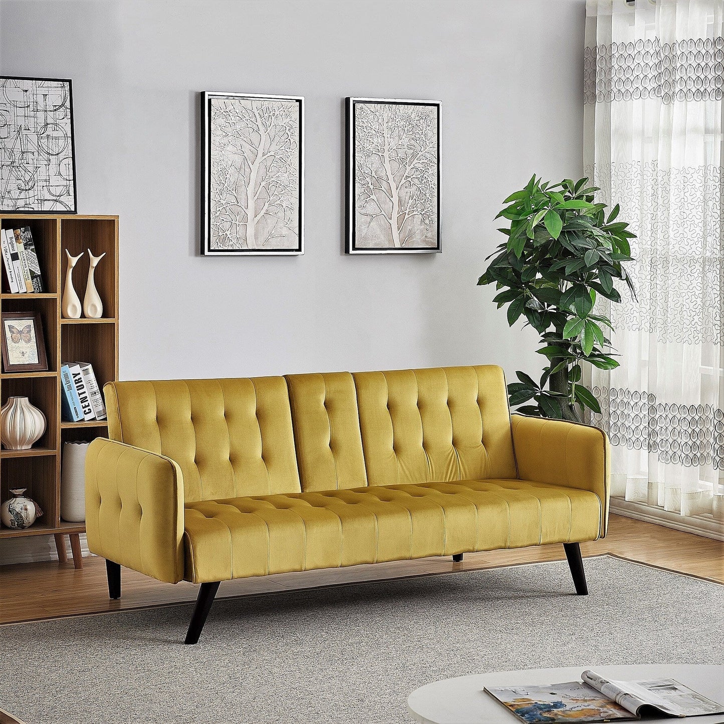 Divano letto futon pieghevole convertibile rivestito in velluto con 2 portabicchieri per soggiorno compatto