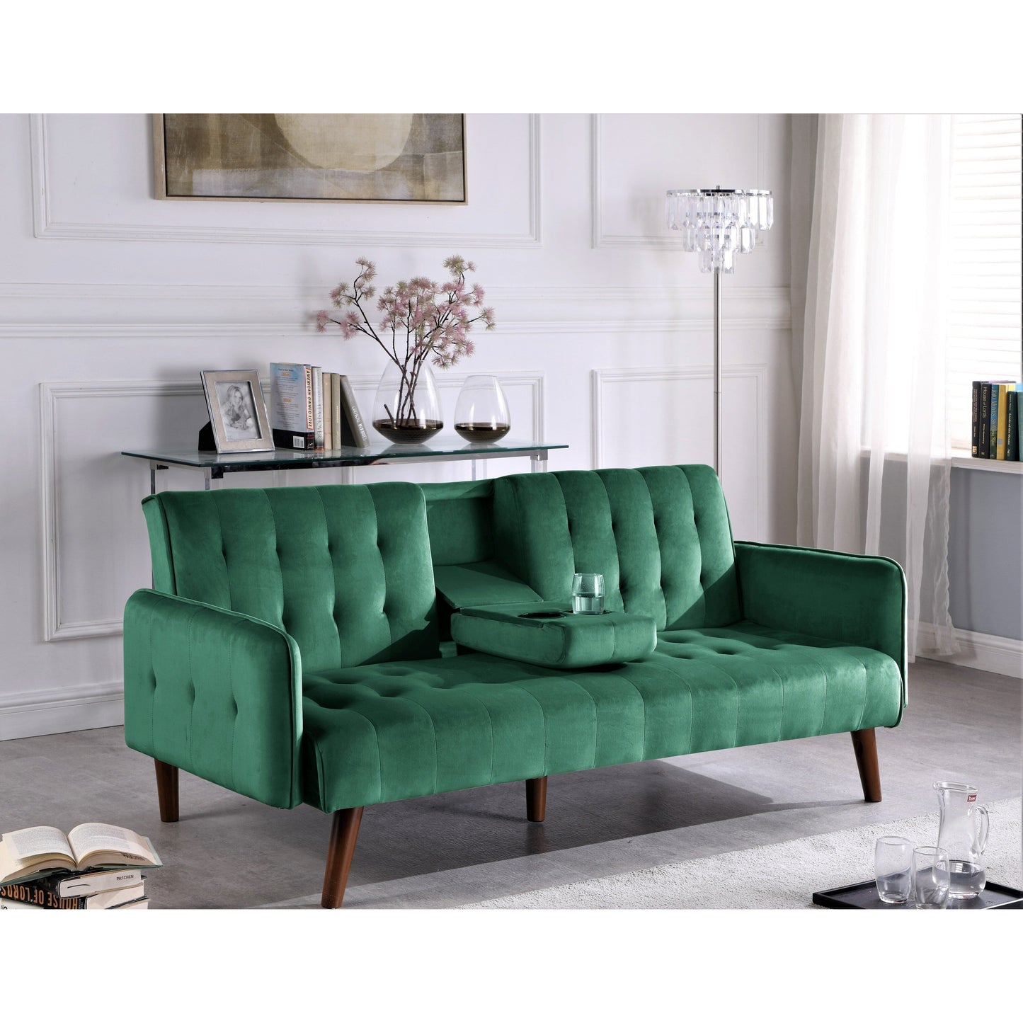 Divano letto futon pieghevole convertibile rivestito in velluto con 2 portabicchieri per soggiorno compatto