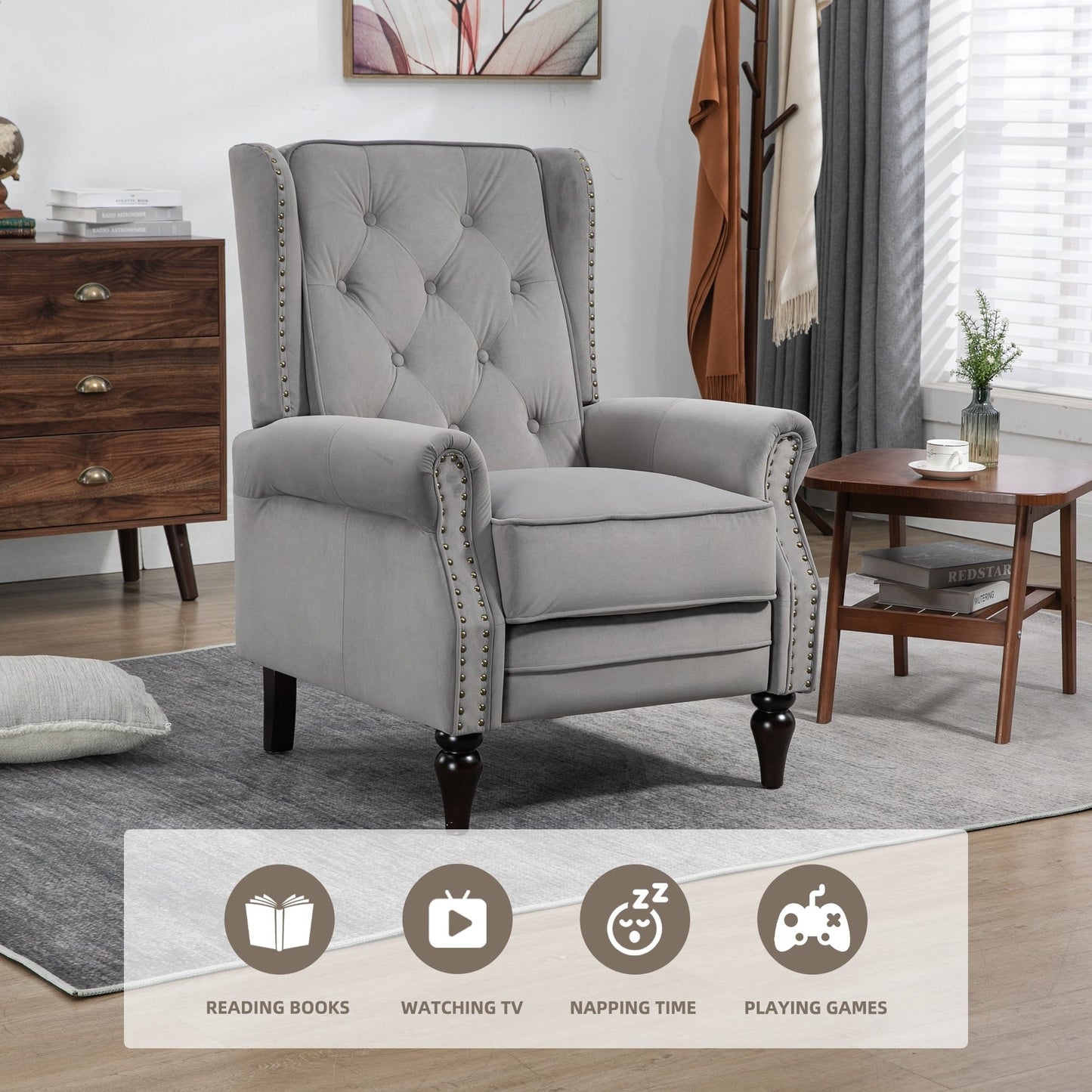 Poltrona reclinabile imbottita in velluto con borchie e gambe nere