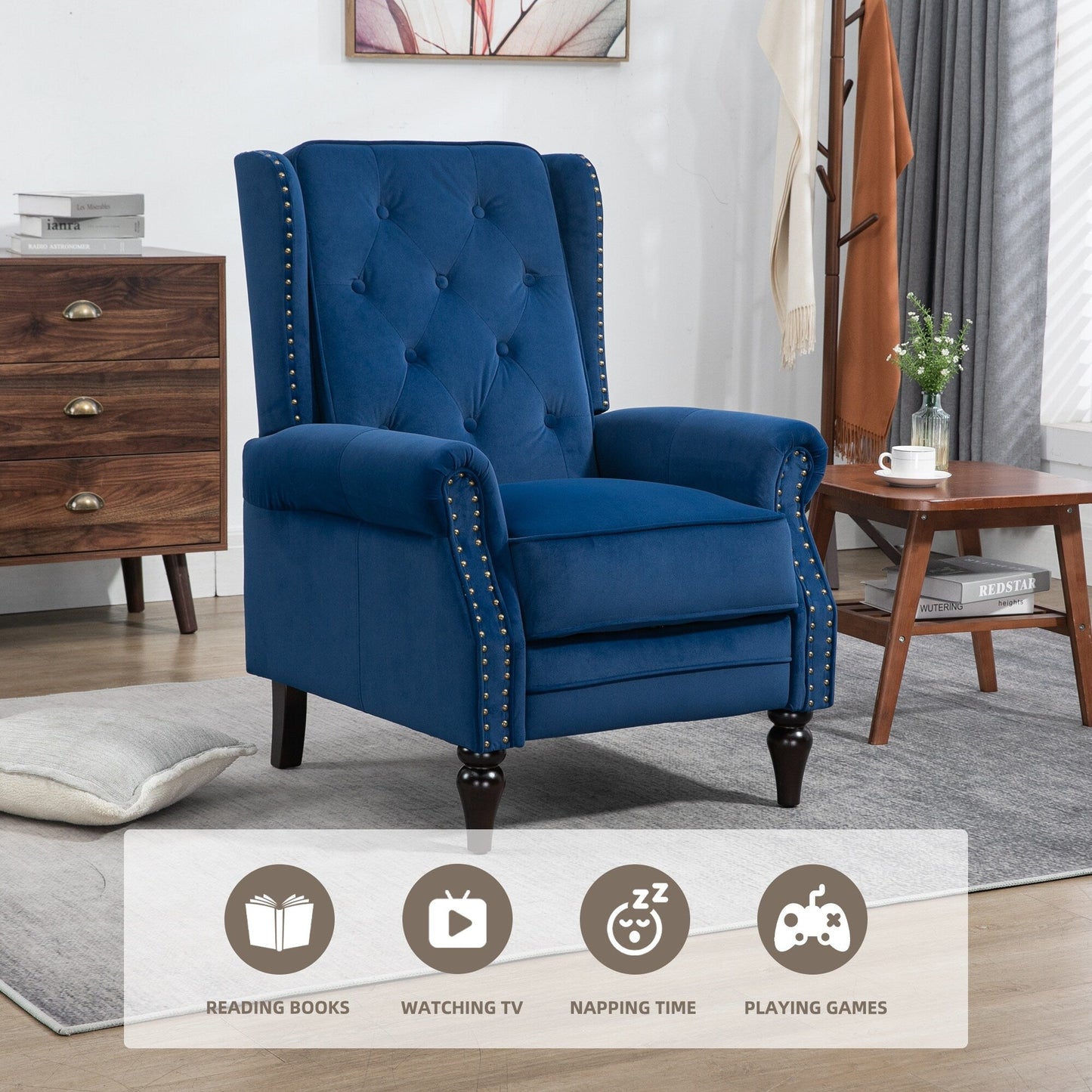 Poltrona reclinabile imbottita in velluto con borchie e gambe nere