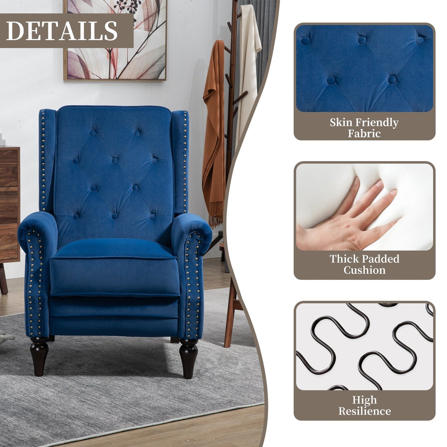 Poltrona reclinabile imbottita in velluto con borchie e gambe nere