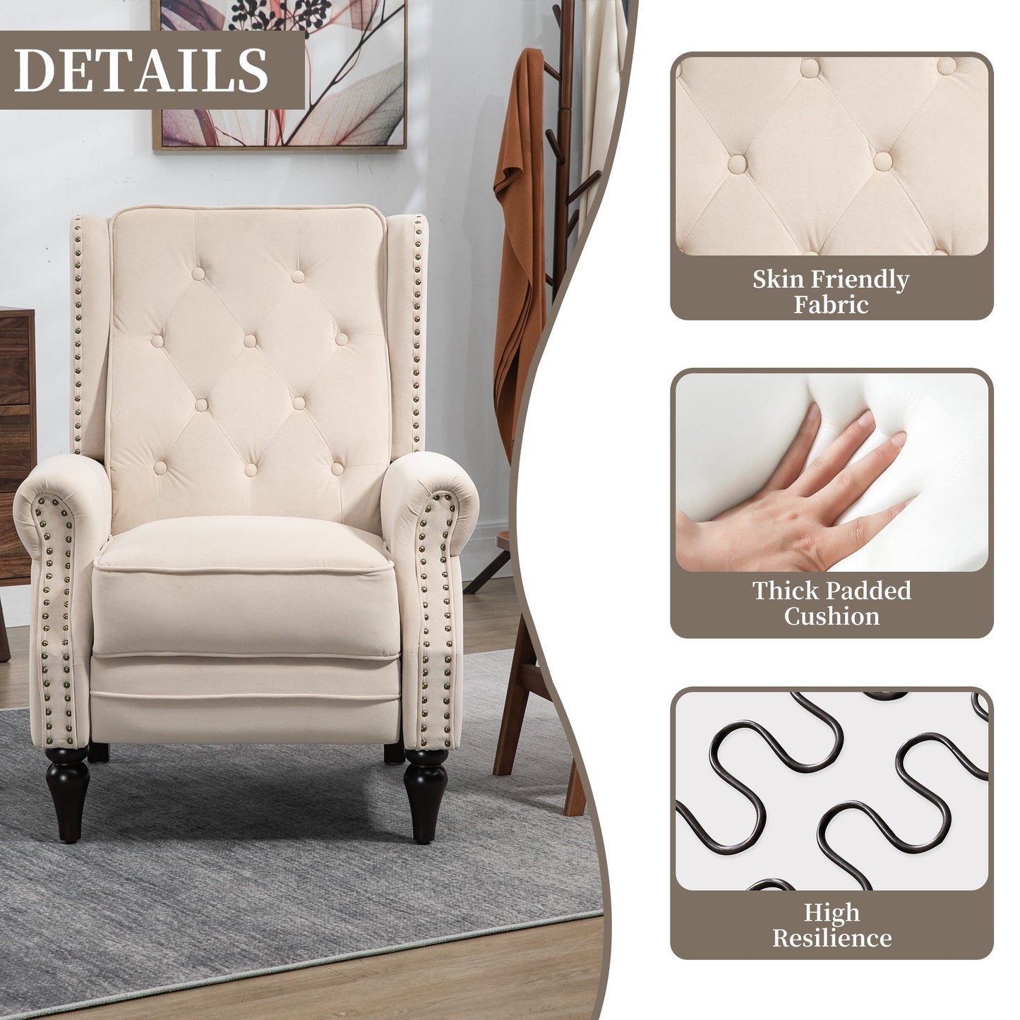 Poltrona reclinabile imbottita in velluto con borchie e gambe nere