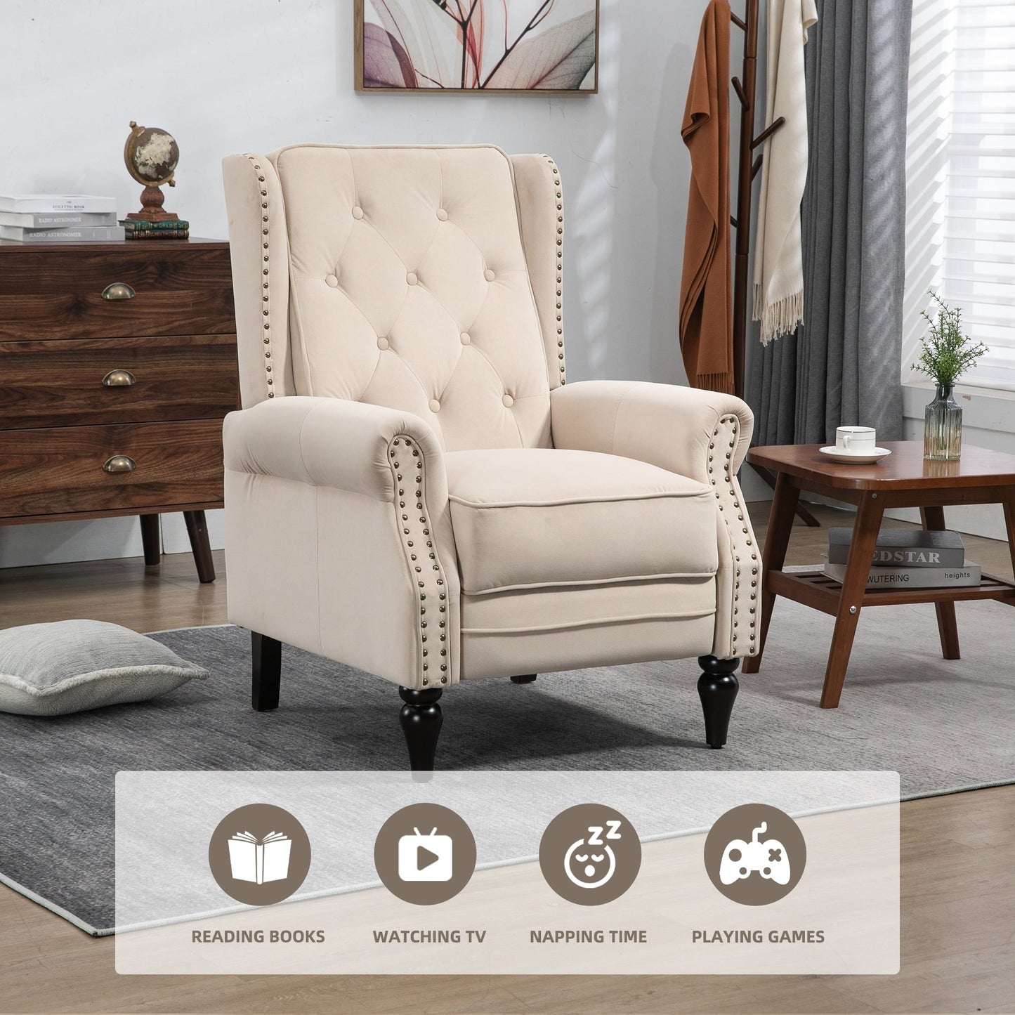 Poltrona reclinabile imbottita in velluto con borchie e gambe nere