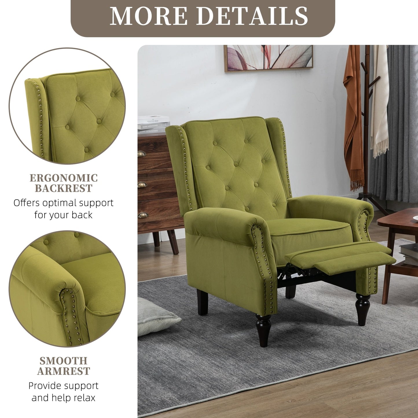 Poltrona reclinabile imbottita in velluto con borchie e gambe nere