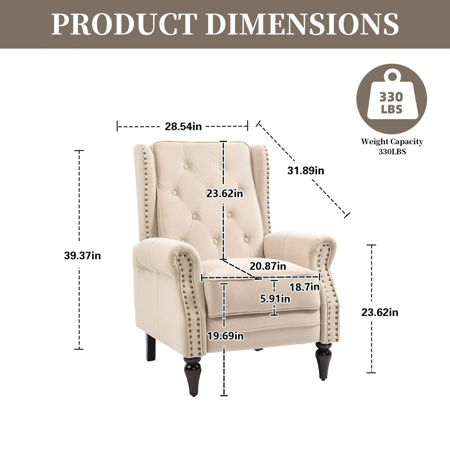 Poltrona reclinabile imbottita in velluto con borchie e gambe nere
