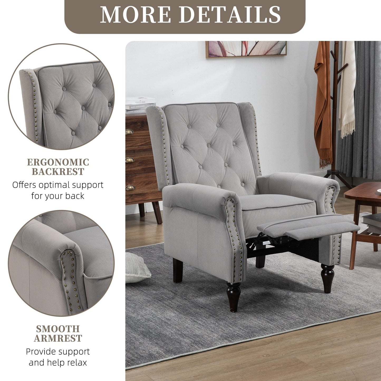 Poltrona reclinabile imbottita in velluto con borchie e gambe nere