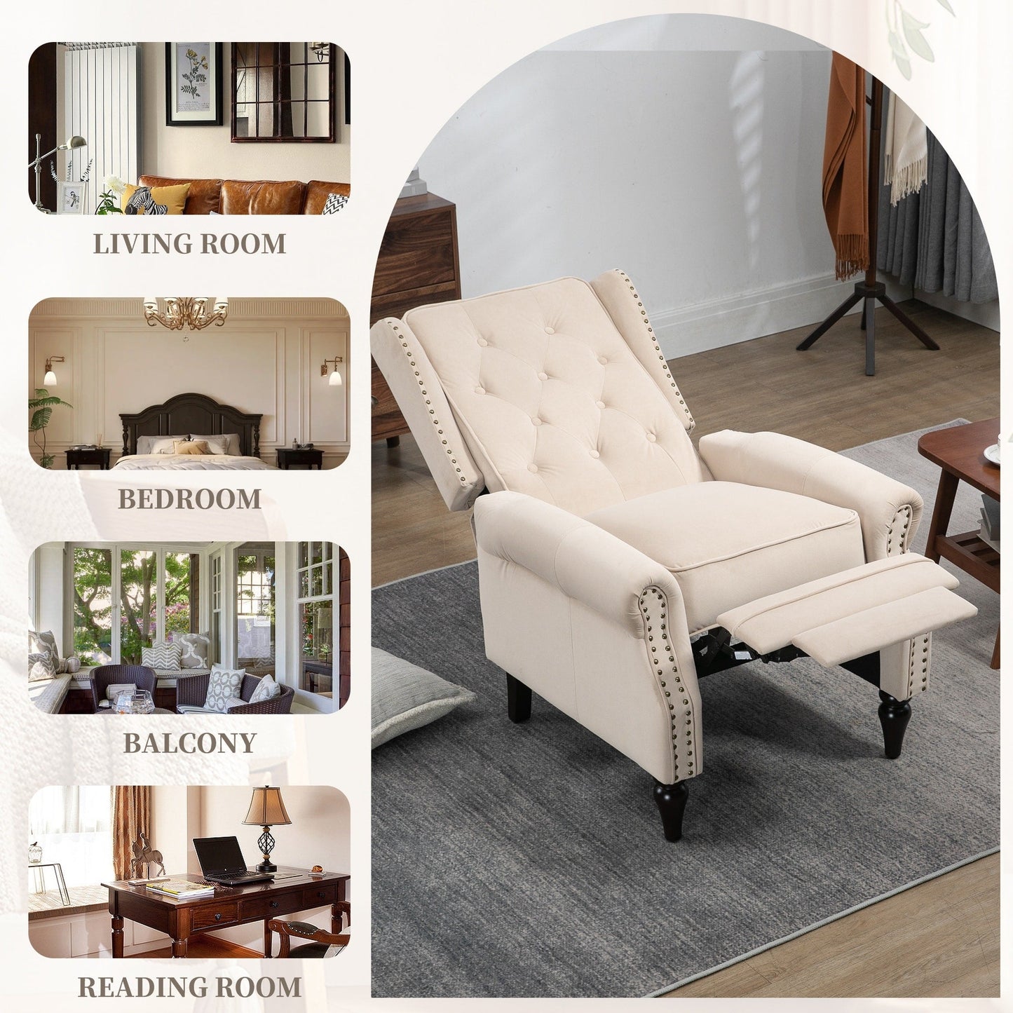 Poltrona reclinabile imbottita in velluto con borchie e gambe nere