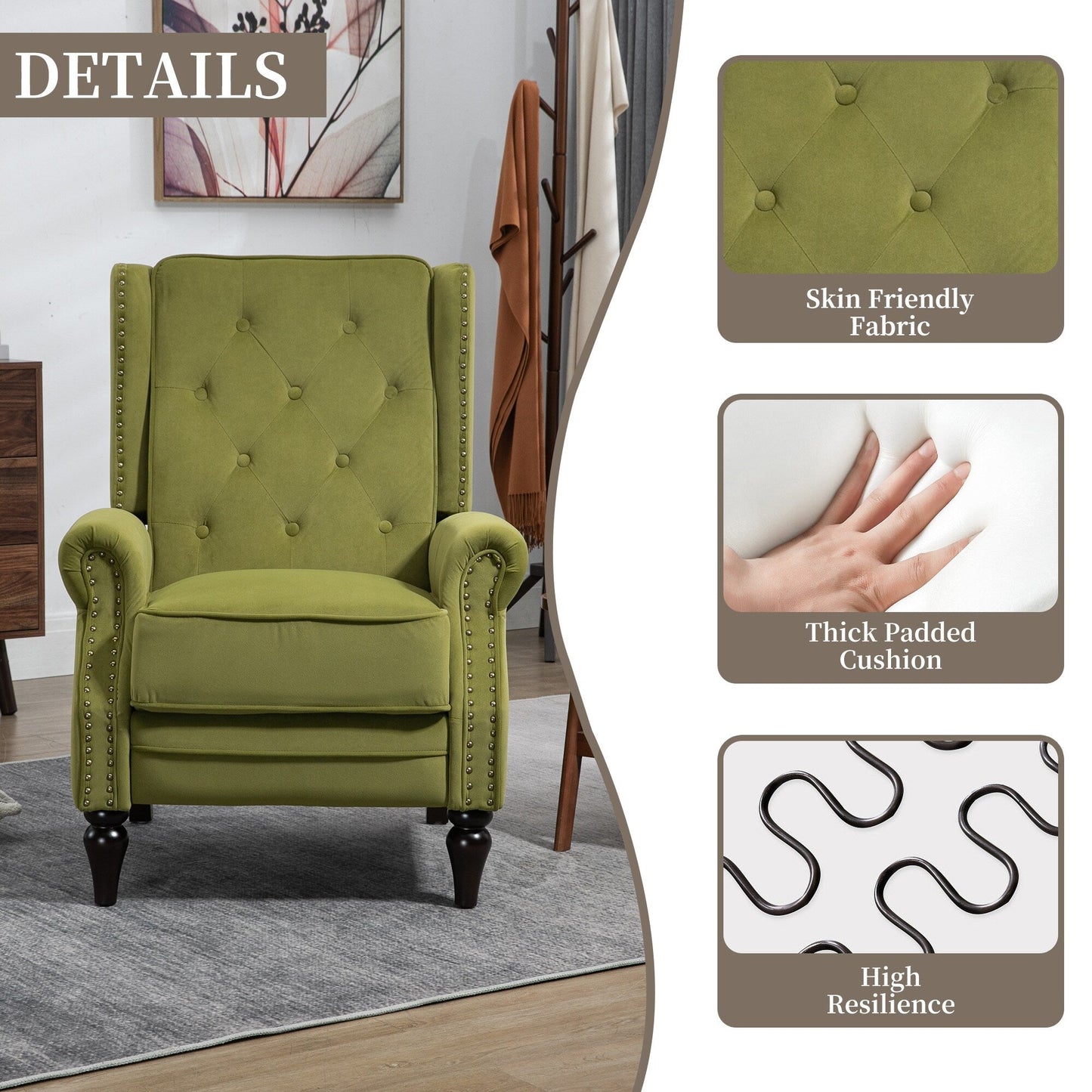 Poltrona reclinabile imbottita in velluto con borchie e gambe nere