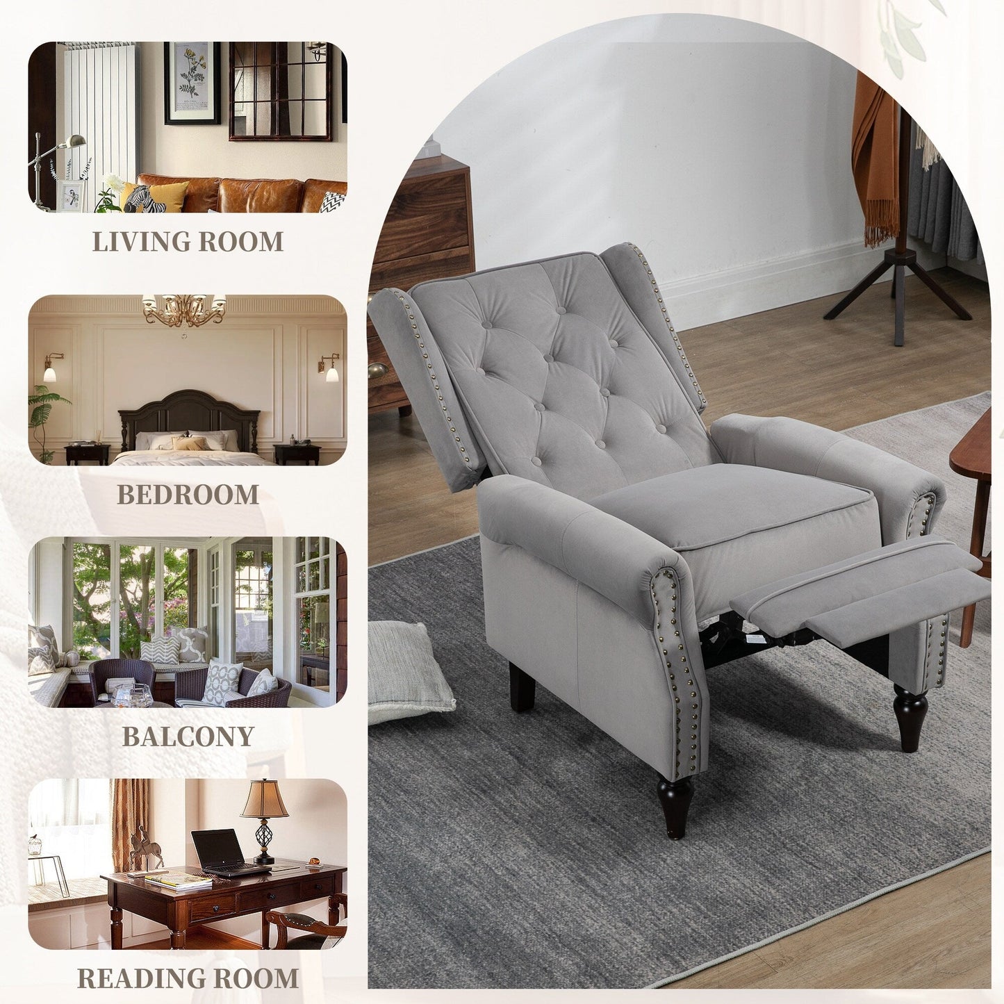 Poltrona reclinabile imbottita in velluto con borchie e gambe nere