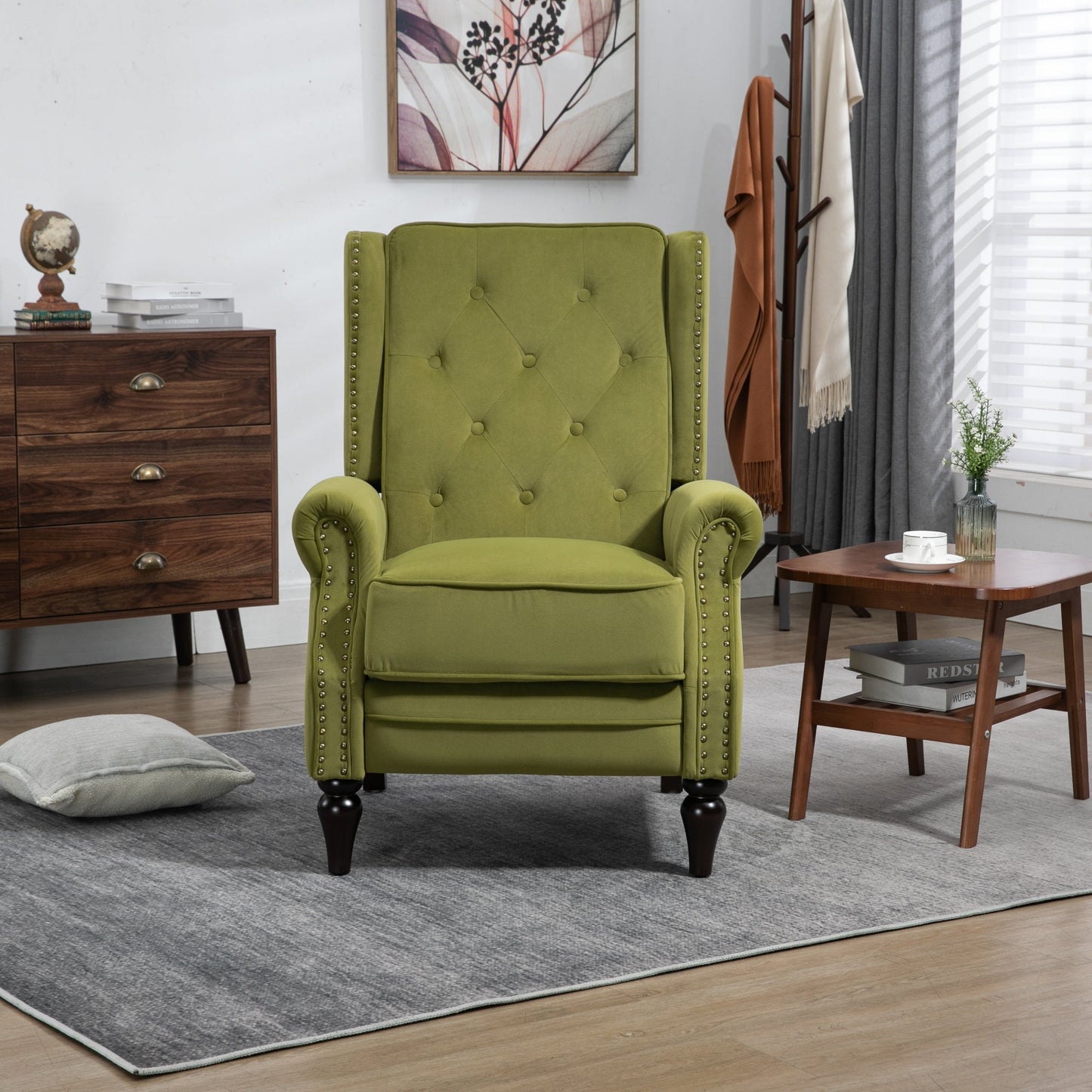 Poltrona reclinabile imbottita in velluto con borchie e gambe nere