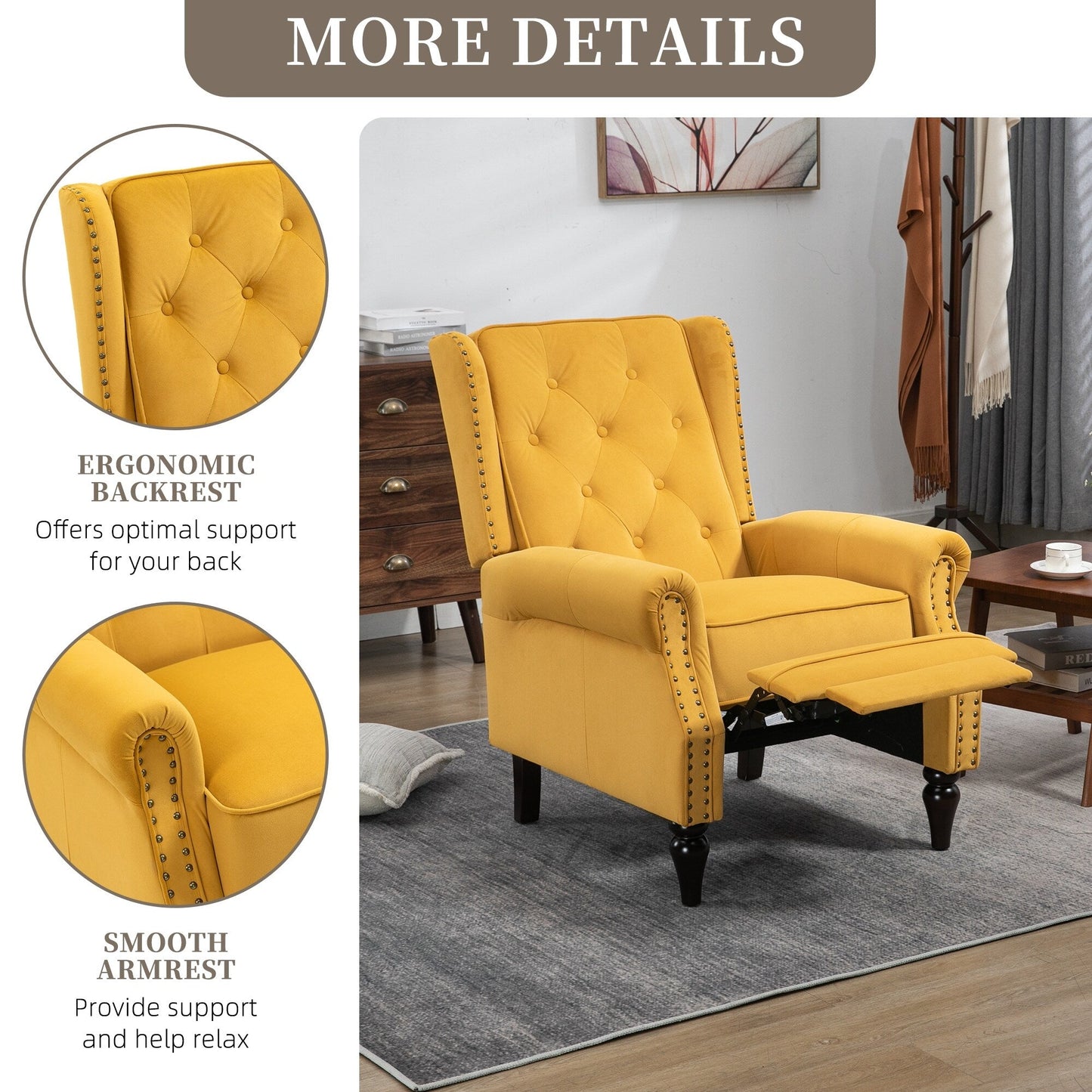 Poltrona reclinabile imbottita in velluto con borchie e gambe nere