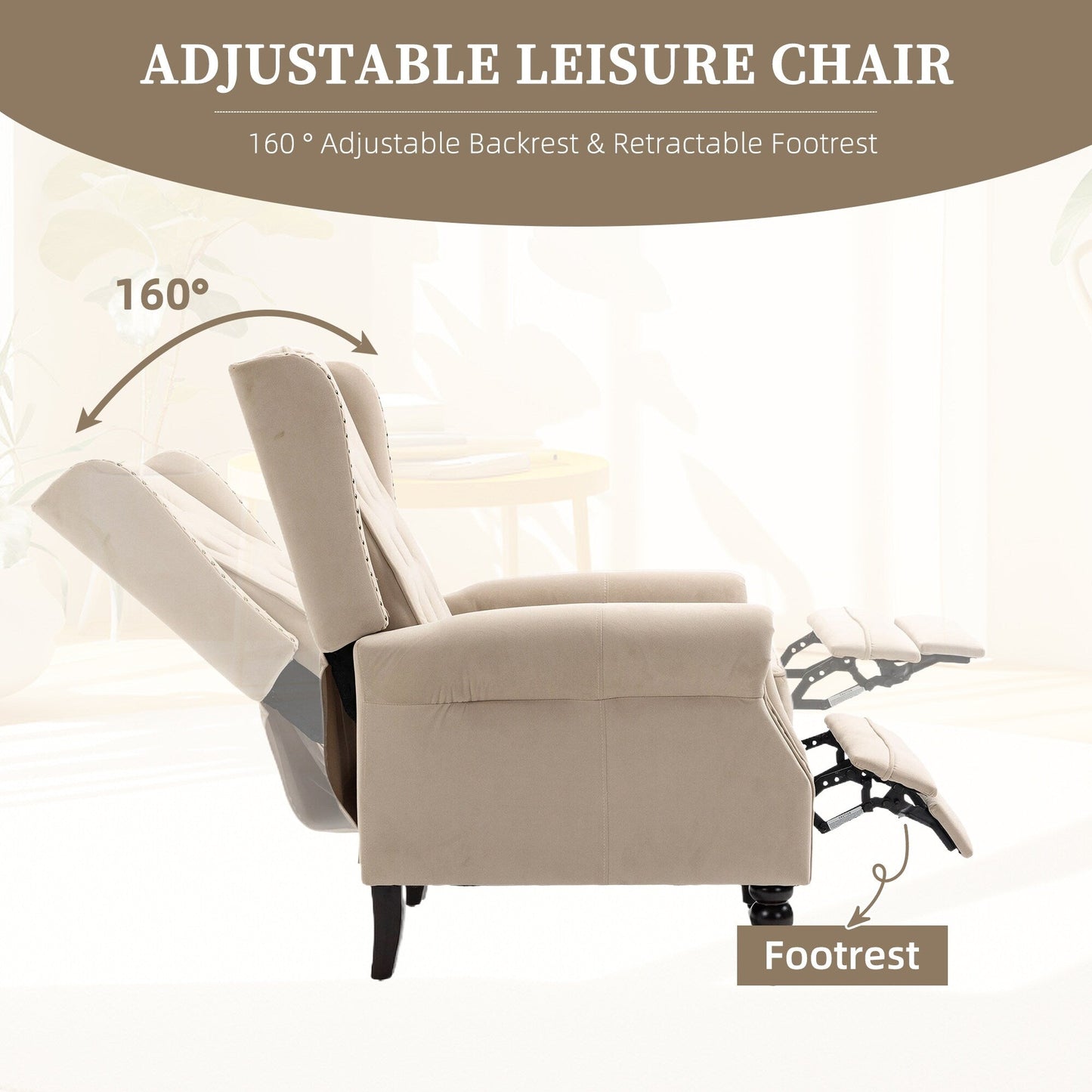 Poltrona reclinabile imbottita in velluto con borchie e gambe nere