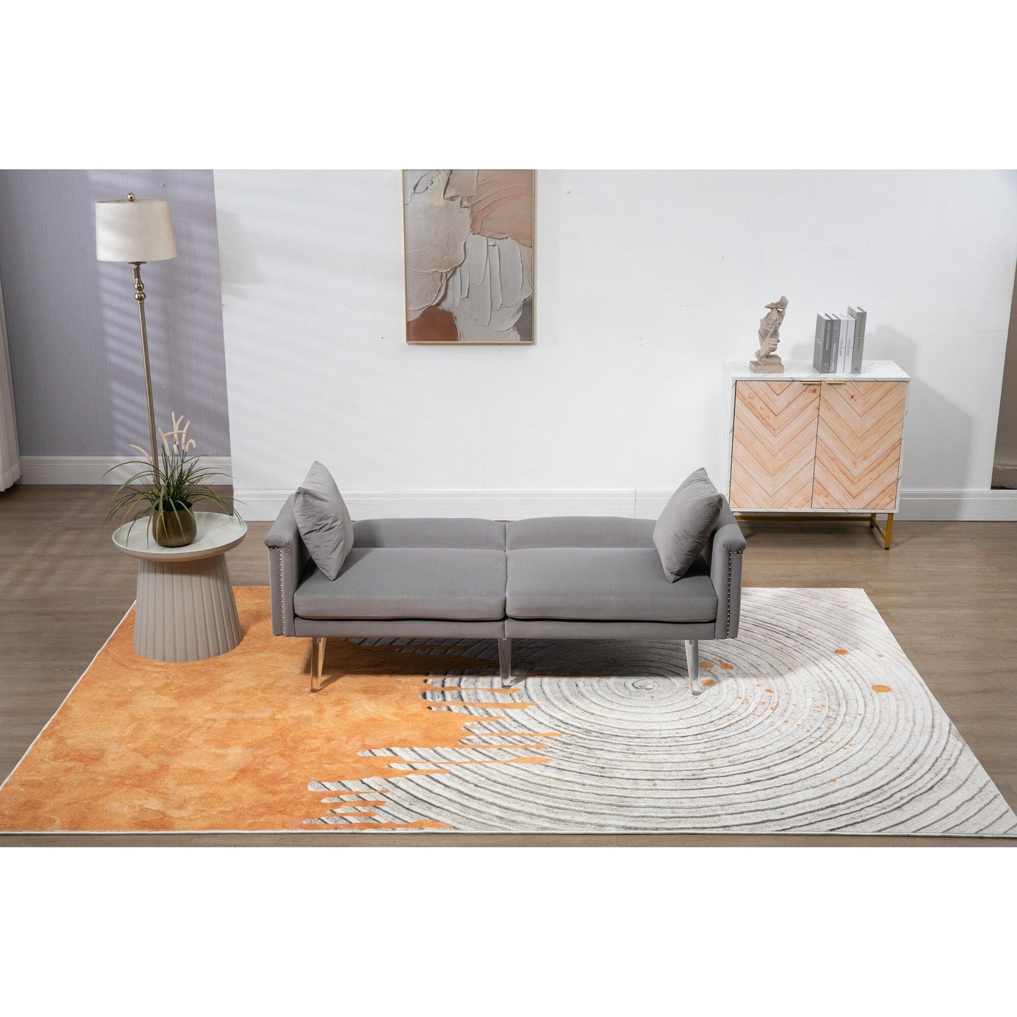 Divano letto a due posti con borchie rivestito in velluto e piedini in acrilico