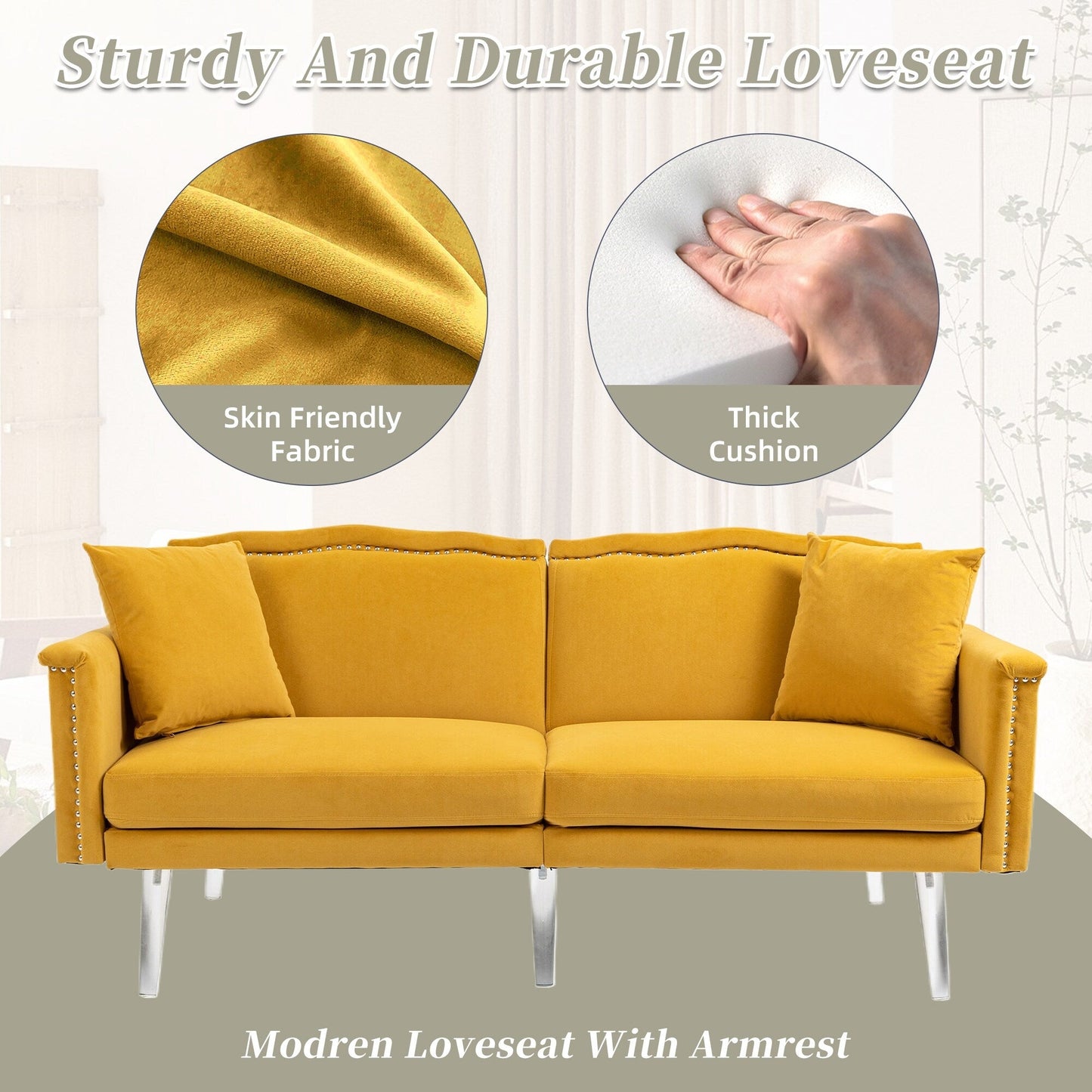 Divano letto a due posti con borchie rivestito in velluto e piedini in acrilico