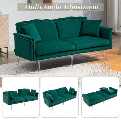 Divano letto a due posti con borchie rivestito in velluto e piedini in acrilico