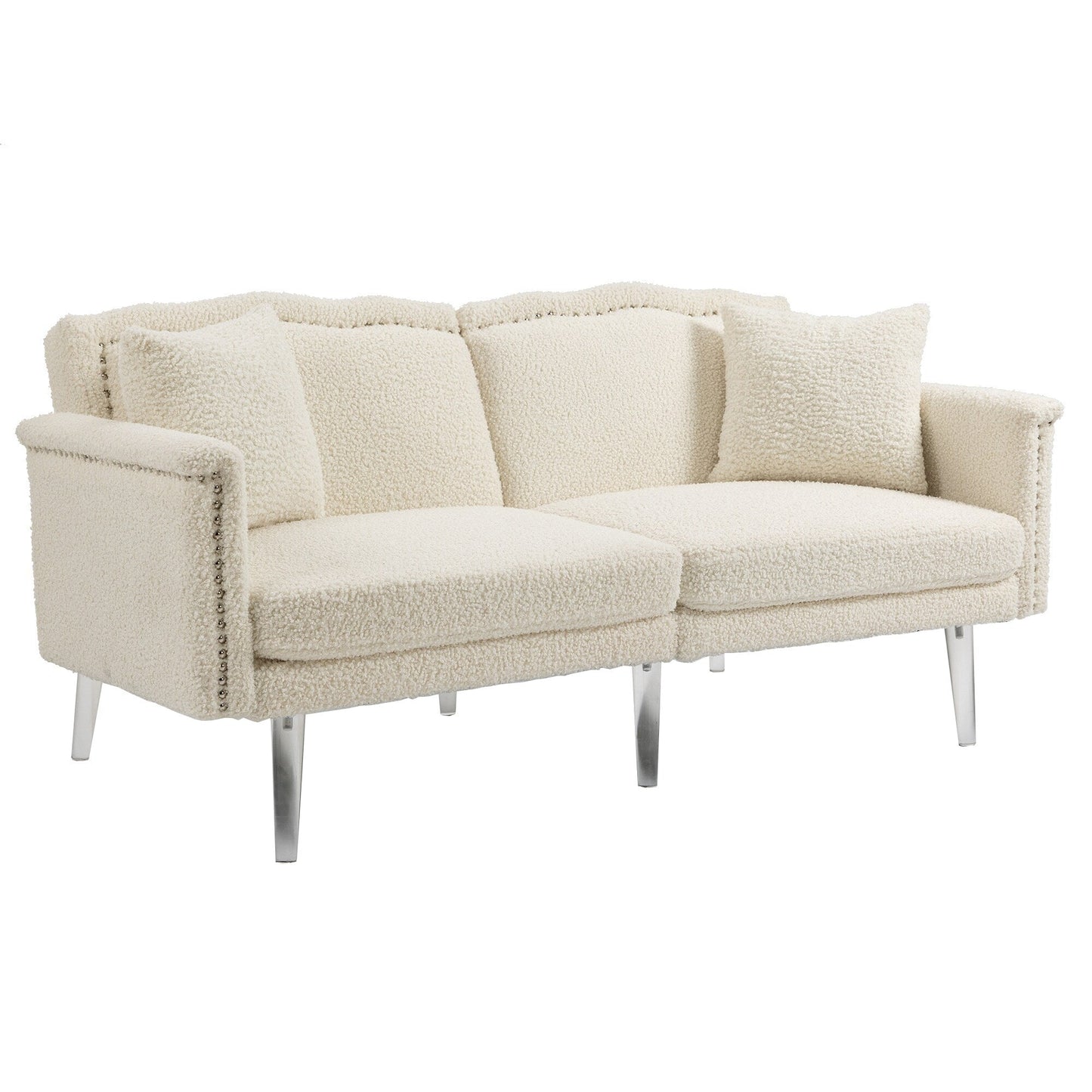 Divano letto a due posti con borchie rivestito in velluto e piedini in acrilico