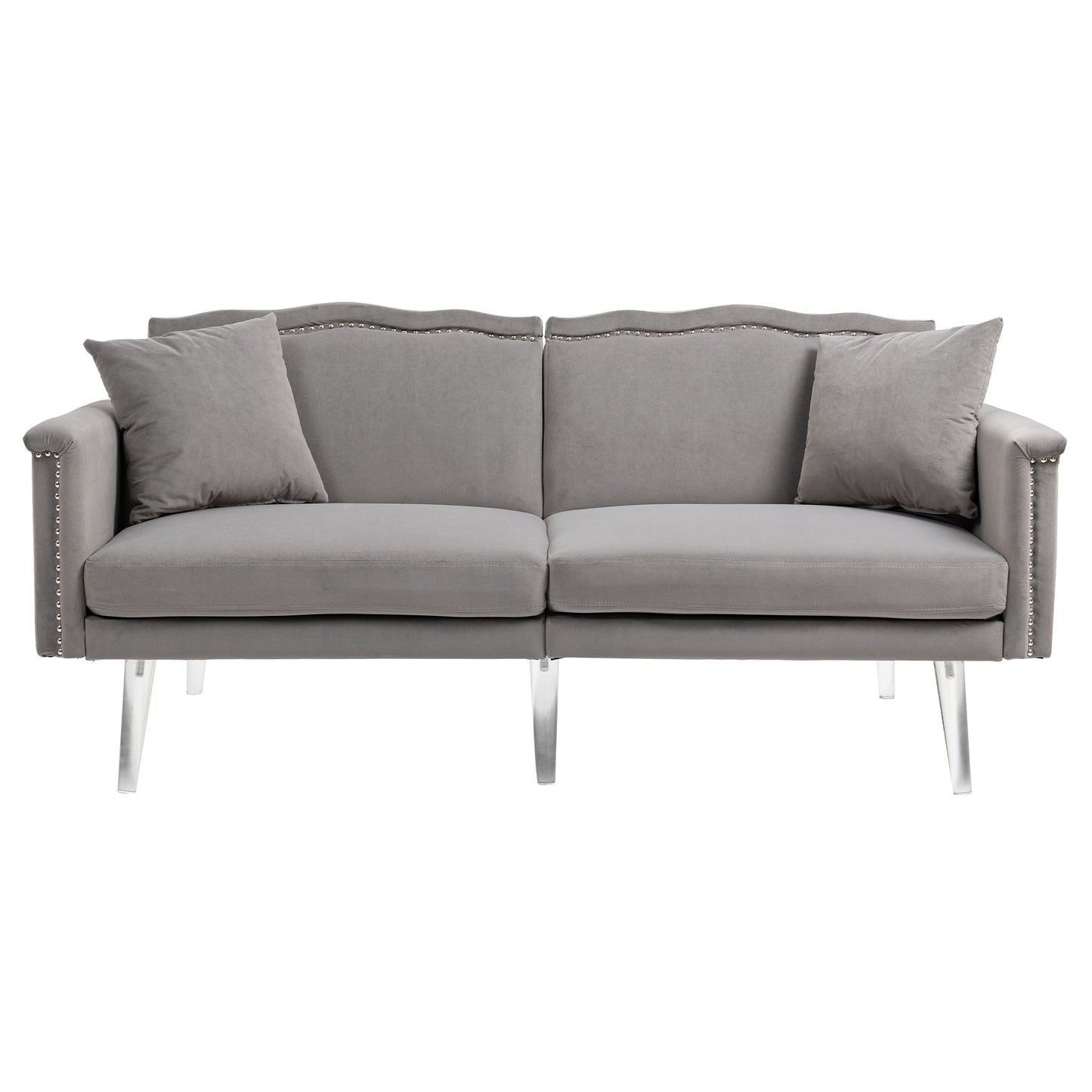 Divano letto a due posti con borchie rivestito in velluto e piedini in acrilico