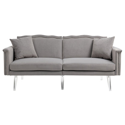 Divano letto a due posti con borchie rivestito in velluto e piedini in acrilico