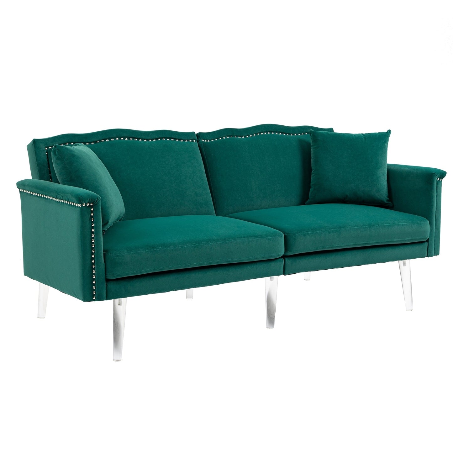 Divano letto a due posti con borchie rivestito in velluto e piedini in acrilico