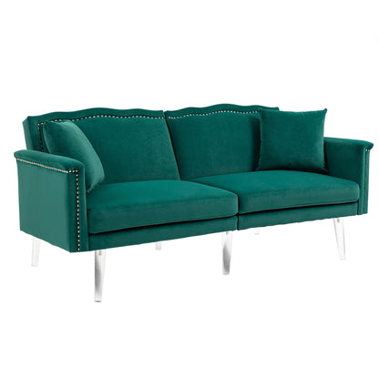 Divano letto a due posti con borchie rivestito in velluto e piedini in acrilico