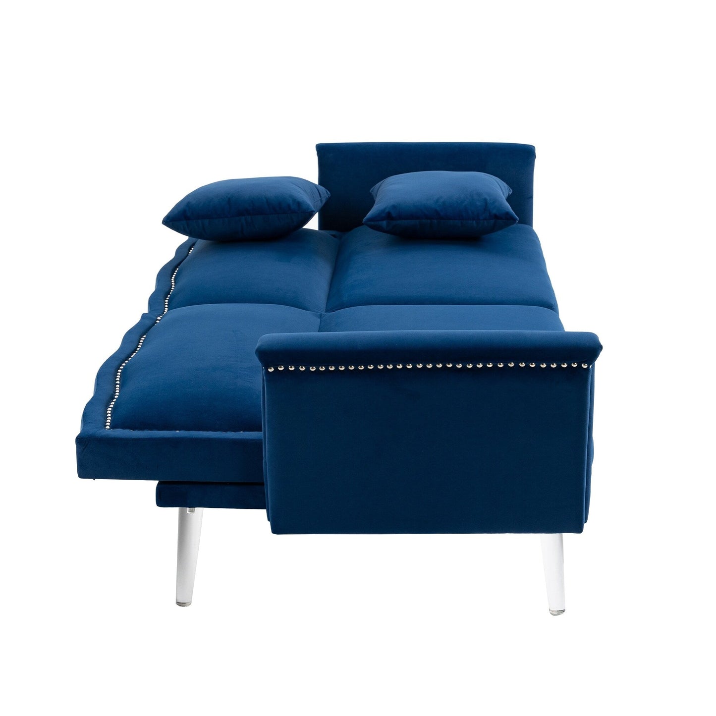 Divano letto a due posti con borchie rivestito in velluto e piedini in acrilico
