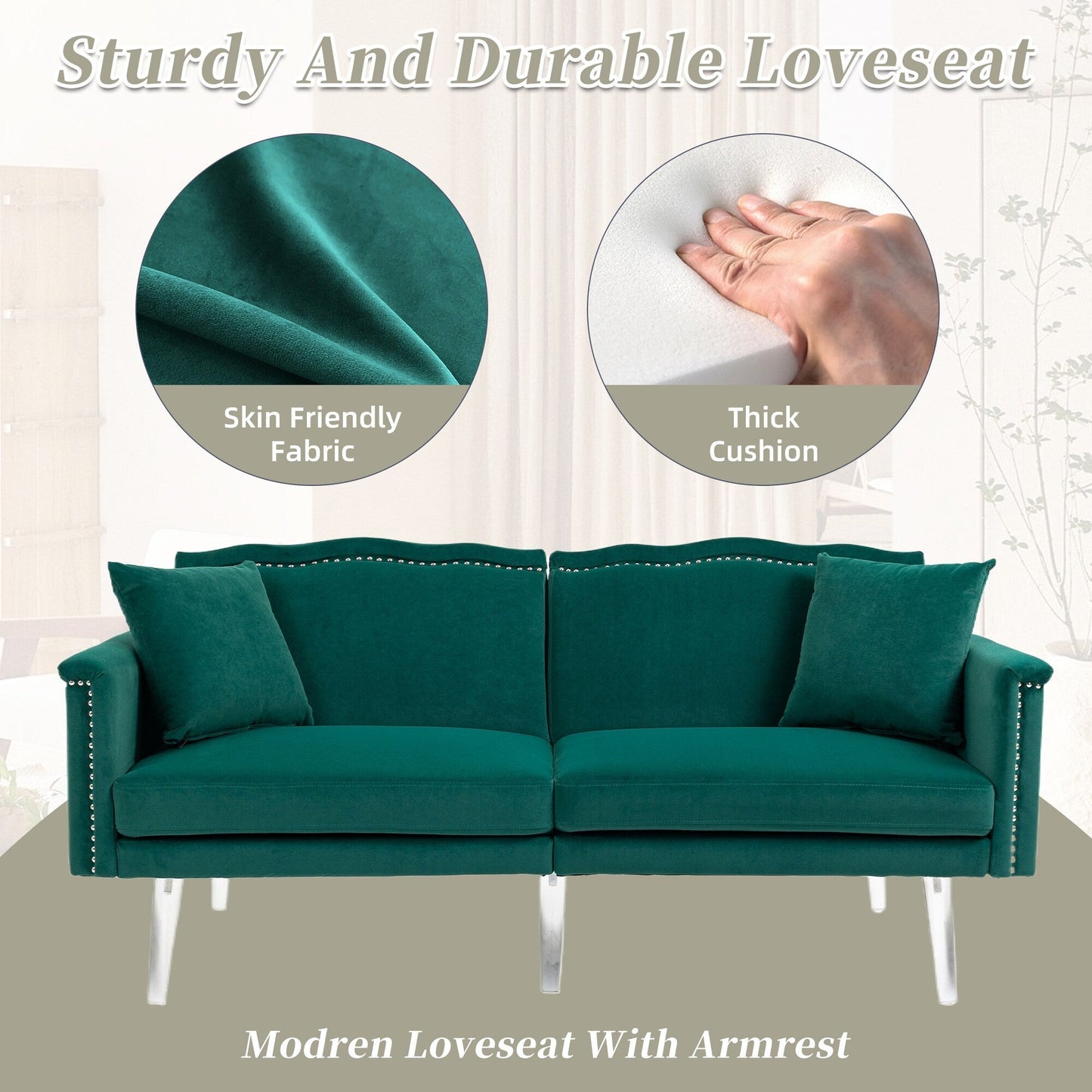 Divano letto a due posti con borchie rivestito in velluto e piedini in acrilico