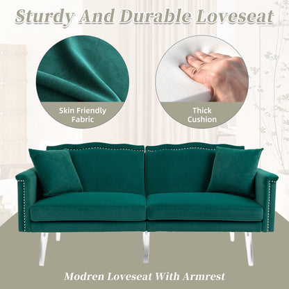 Divano letto a due posti con borchie rivestito in velluto e piedini in acrilico