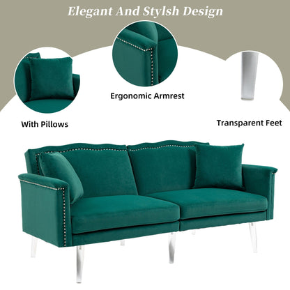 Divano letto a due posti con borchie rivestito in velluto e piedini in acrilico