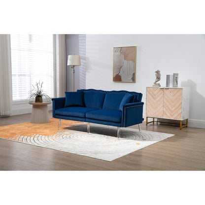 Divano letto a due posti con borchie rivestito in velluto e piedini in acrilico