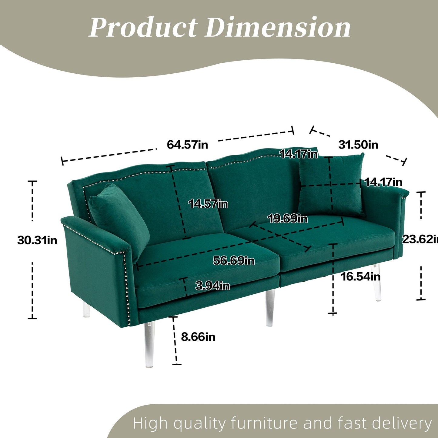 Divano letto a due posti con borchie rivestito in velluto e piedini in acrilico