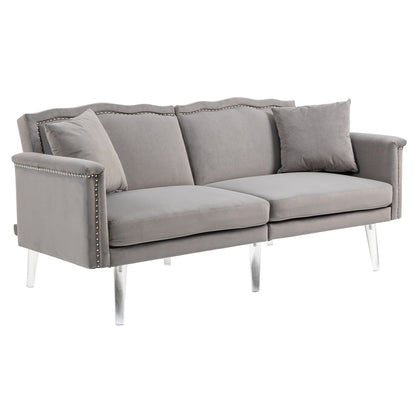 Divano letto a due posti con borchie rivestito in velluto e piedini in acrilico