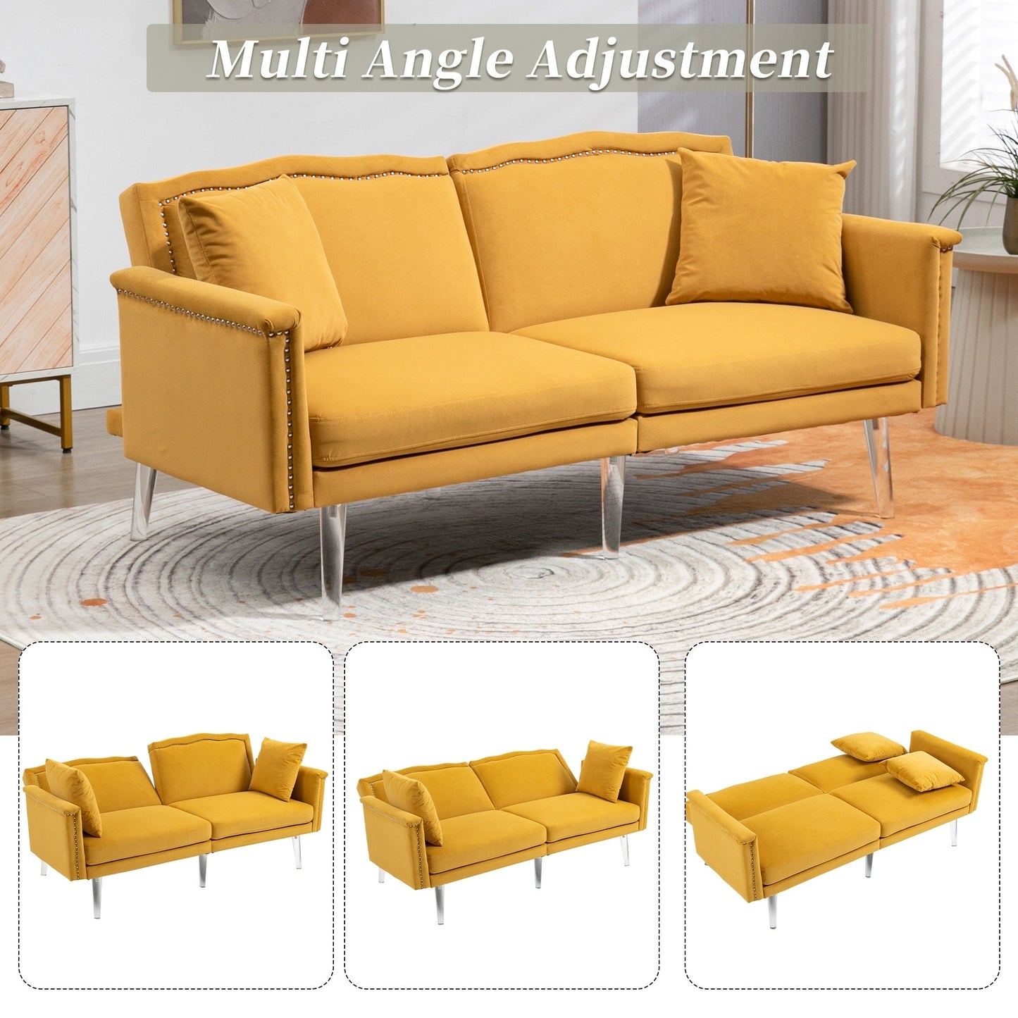 Divano letto a due posti con borchie rivestito in velluto e piedini in acrilico