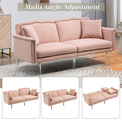 Divano letto a due posti con borchie rivestito in velluto e piedini in acrilico