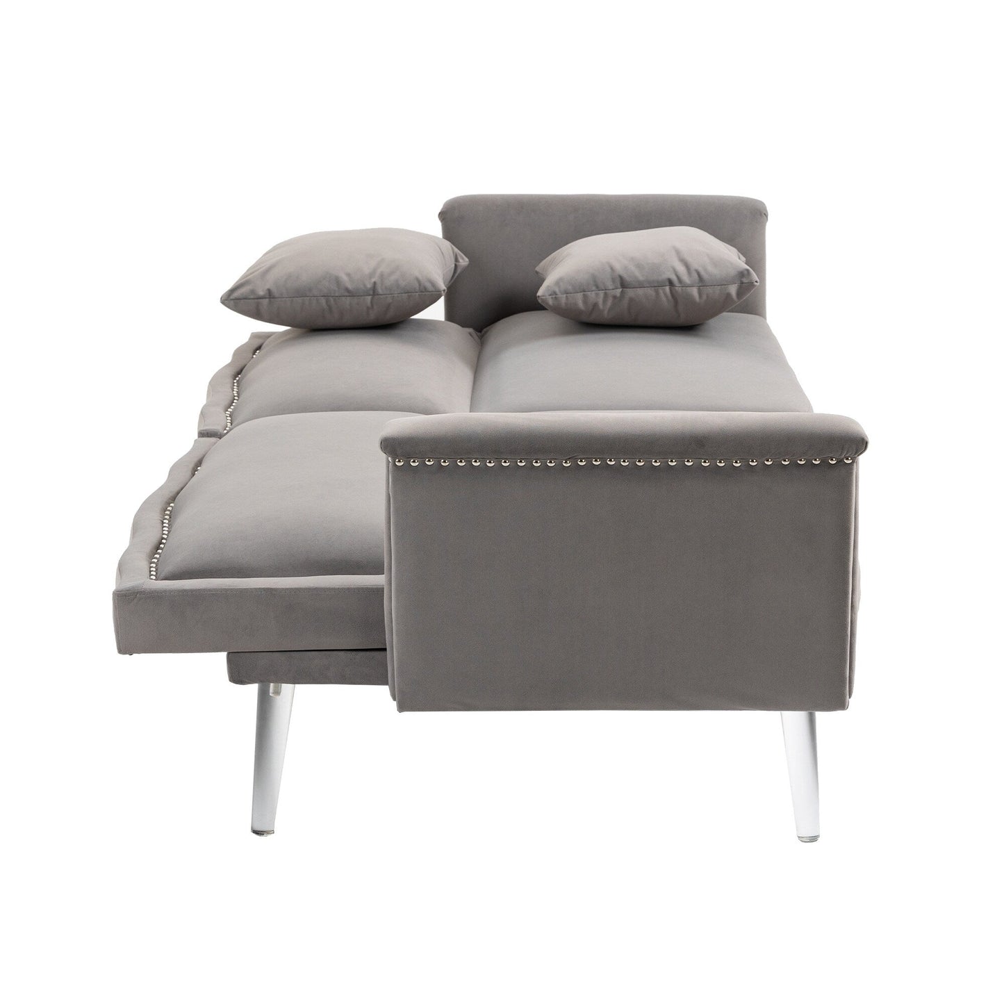 Divano letto a due posti con borchie rivestito in velluto e piedini in acrilico