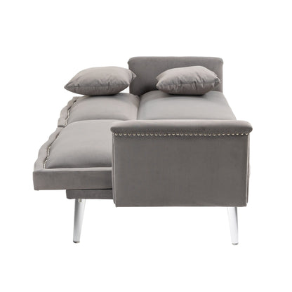 Divano letto a due posti con borchie rivestito in velluto e piedini in acrilico