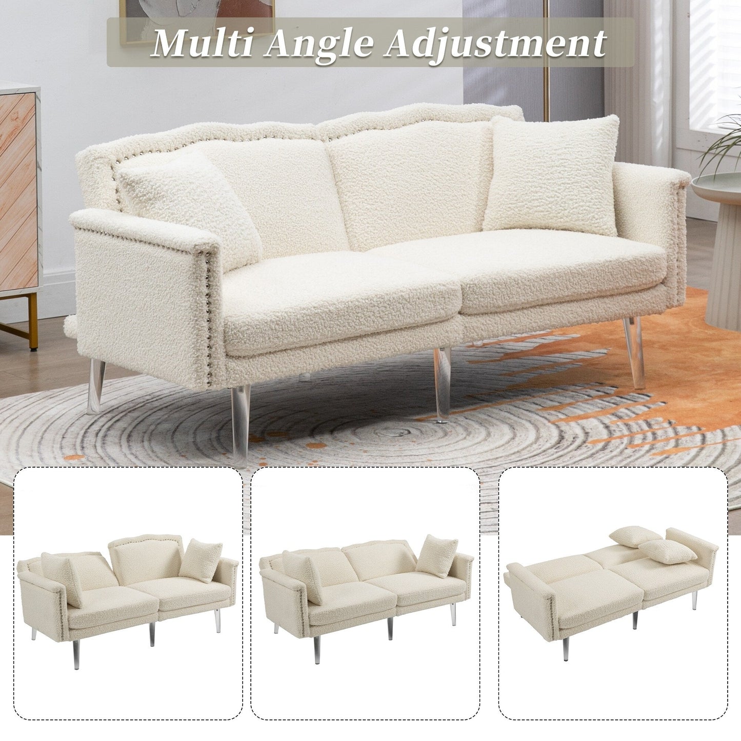 Divano letto a due posti con borchie rivestito in velluto e piedini in acrilico