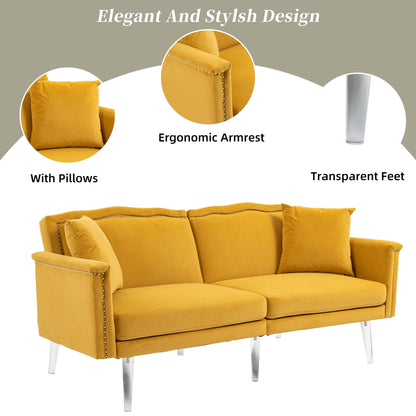 Divano letto a due posti con borchie rivestito in velluto e piedini in acrilico