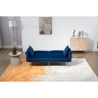 Divano letto a due posti con borchie rivestito in velluto e piedini in acrilico