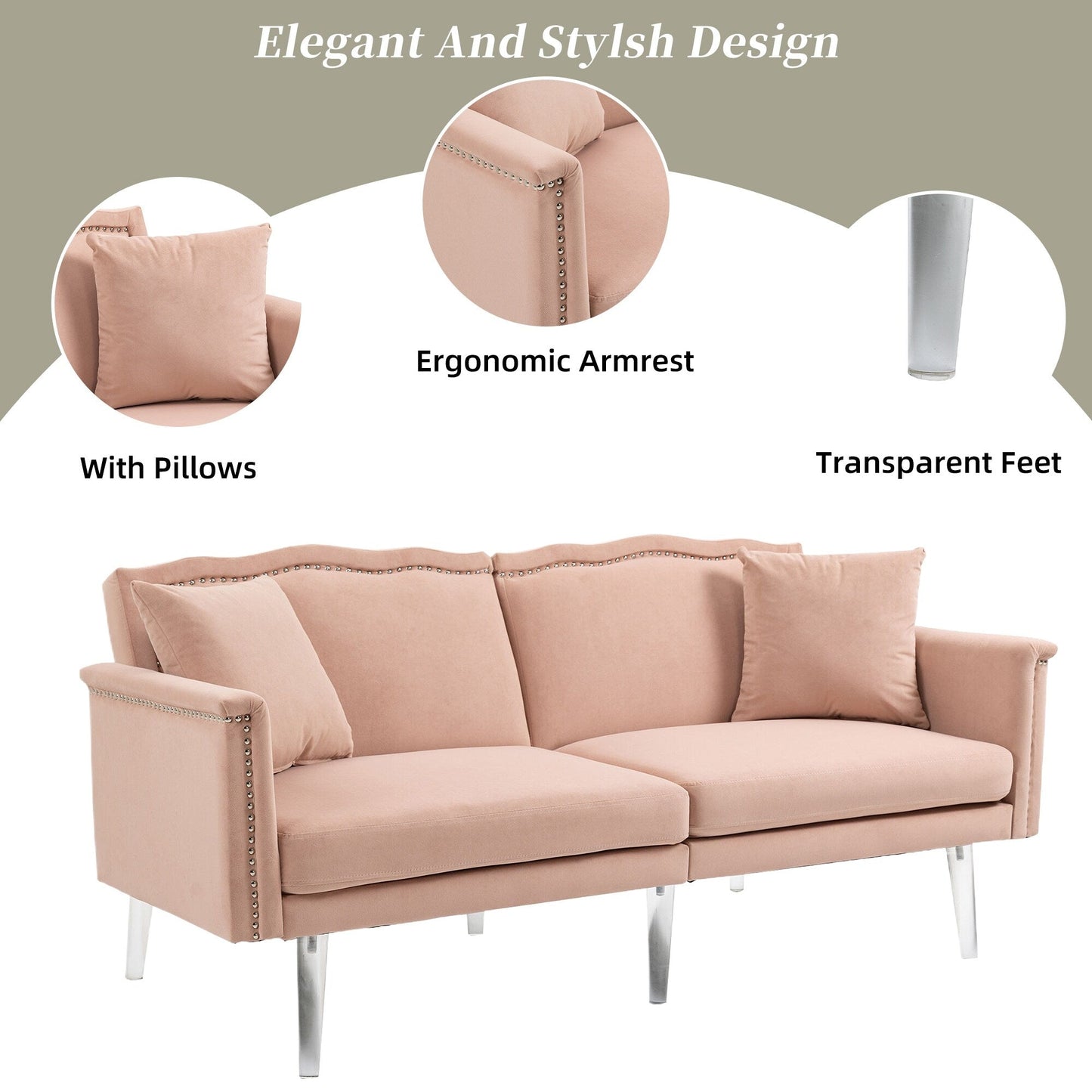 Divano letto a due posti con borchie rivestito in velluto e piedini in acrilico