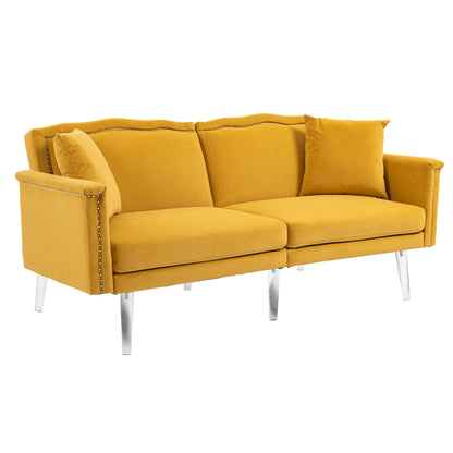 Divano letto a due posti con borchie rivestito in velluto e piedini in acrilico